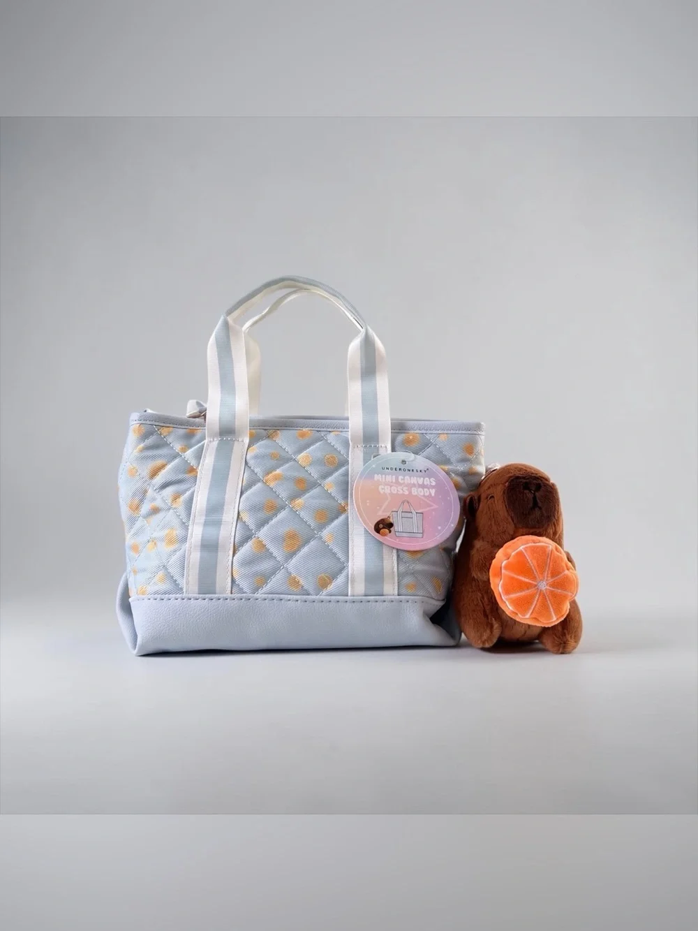 Kids Quilted Light Blue Crossbody Mini Tote with Capybara Plush Charm